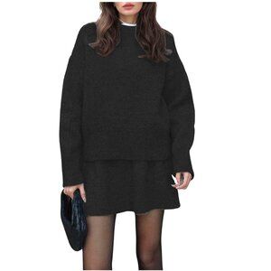 Black Ribbed Fall Skirt Set  Ribbed Sweater and Mini Skirt L